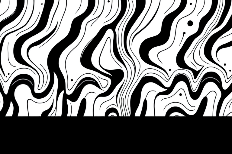 Generate a high-resolution image of an abstract black and white pattern with wavy lines and dots, featuring a solid black ribbon at the bottom, captured with a DSLR camera, ISO 100, f/4, 50mm lens, soft focus background.