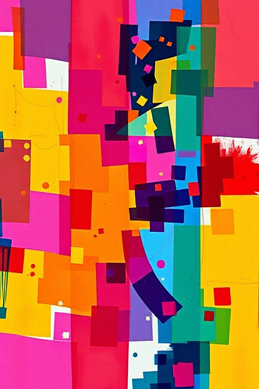Create an abstract digital art piece with vibrant colors and geometric shapes, using a Canon EOS R5 with a 50mm lens, ISO 100, f/1.8, shooting in RAW format, with a top-down perspective and soft lighting to enhance texture and depth.