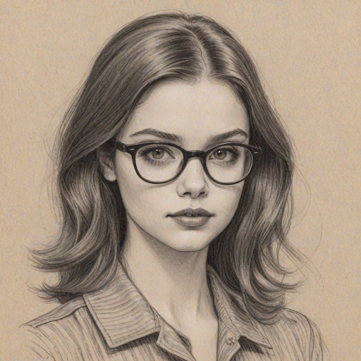 Bewitching India Eisley, pencil sketch, portrait of Radiant woman 1949s in glasses, hair style beatnik, outline, clear lines, fine lines, 8k
