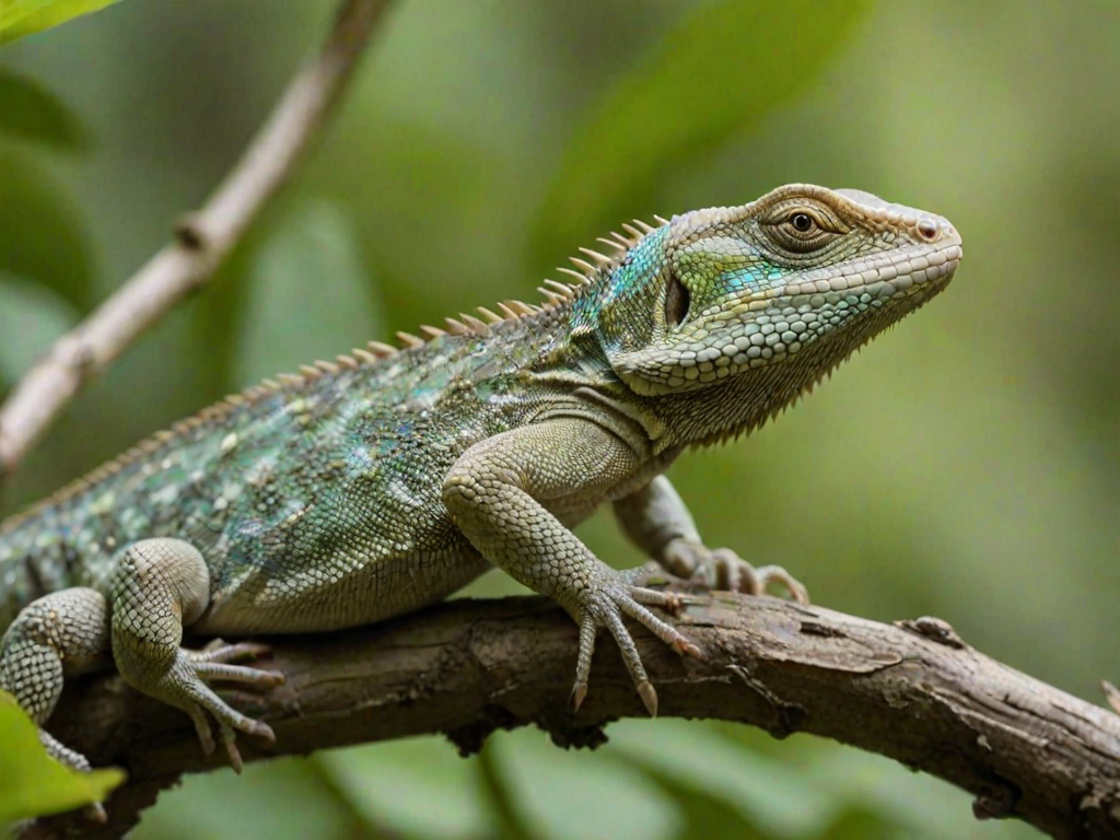 a close-up of a lizard climbing on a branch surrounded by green leaves, showcasing intricate scales and textures, with a soft blurred background highlighting the natural habitat