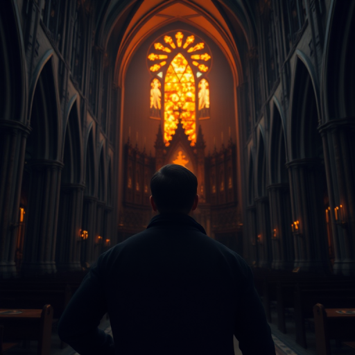 Generate an image of a character in a dark, gothic cathedral with a dramatic altar bathed in fiery light, using a wide-angle lens at f/2.8, ISO 200, and a focal length of 24mm, capturing the atmosphere and details in high resolution.