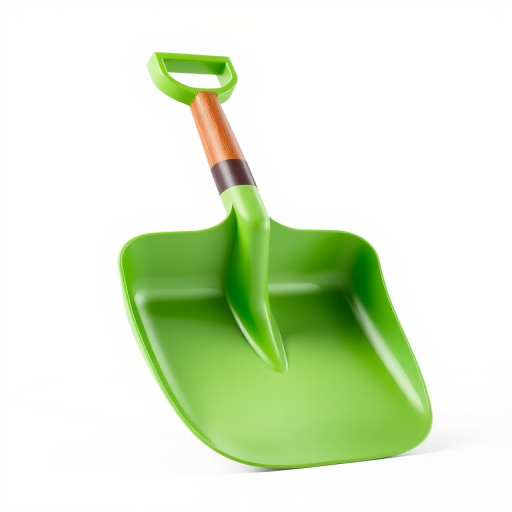 Generate a high-resolution vector graphic of a green snow shovel with a brown handle against a transparent background, shot from a slightly elevated angle using a DSLR camera at f/8 aperture, ISO 100, with soft diffused lighting to enhance colors and shadows.