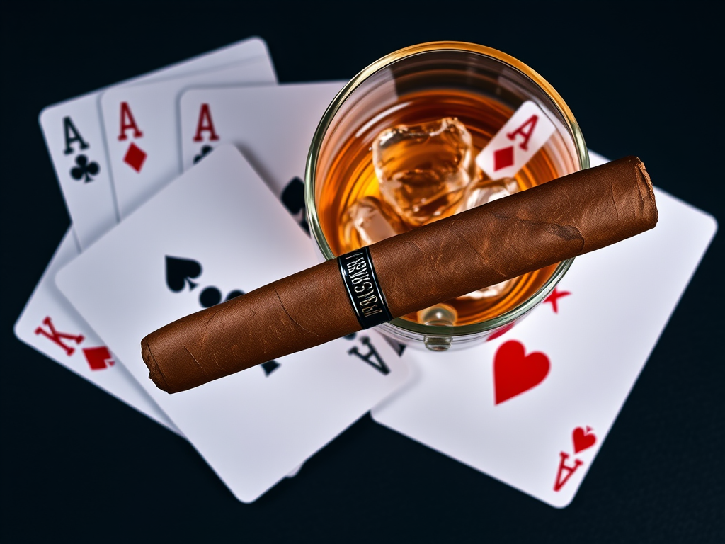 Create a high-quality image of four playing cards displaying three aces and one heart, with a cigar resting on the edge of a glass filled with whiskey and ice, captured with a DSLR camera at f/2.8, ISO 100, and a 50mm lens, in a top-down view to emphasize the cards and drink.