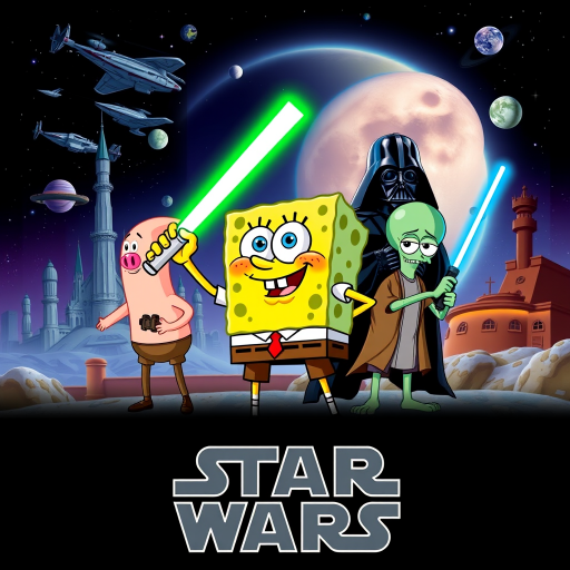 Create a parody of the Star Wars poster with SpongeBob as Luke Skywalker, holding a glowing spatula like a lightsaber. Patrick Star takes the role of Han Solo, holding a blaster, while Squidward is Obi-Wan Kenobi, draped in robes. In the background, Plankton appears as Darth Vader, with Bikini Bottom’s landmarks reimagined as spaceships and planets. The iconic Star Wars logo is swapped for "Sponge Wars," creating a playful, sci-fi adventure scene.
