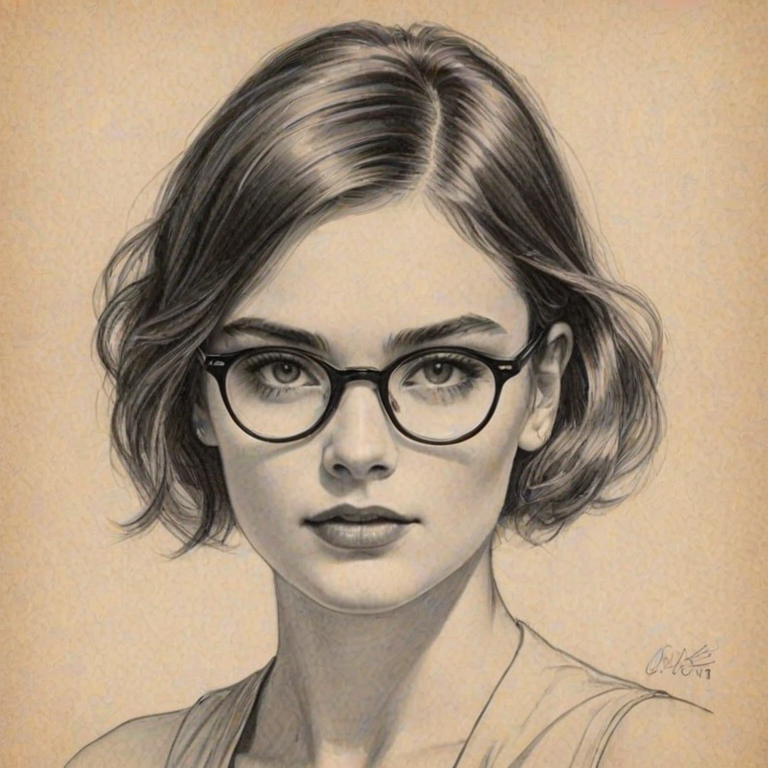 Enticing Charlotte Lawrence, pencil sketch, portrait of Gorgeous woman 1925s in glasses, hair style beatnik, outline, clear lines, fine lines, 8k