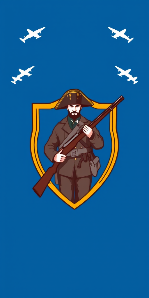 Create a high-resolution digital illustration of a military insignia featuring a Revolutionary War soldier holding a musket, set against a blue background with stylized white aircraft silhouettes; use a DSLR camera, 50mm lens, f/2.8 aperture, ISO 100, and a slight vignette effect for enhanced focus on the central figure.