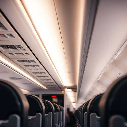interior of an airplane cabin focusing on overhead lighting and seats, shot with a Canon EOS R5 at f/2.8, ISO 400, shutter speed 1/60s, using a wide-angle lens and soft natural lighting for enhanced details