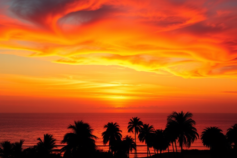 Generate an image of a vibrant sunset over a calm ocean with silhouettes of palm trees, using a DSLR camera, f/8 aperture, ISO 100, 24mm lens, 1/200 second shutter speed, shot in landscape mode for enhanced detail and depth.