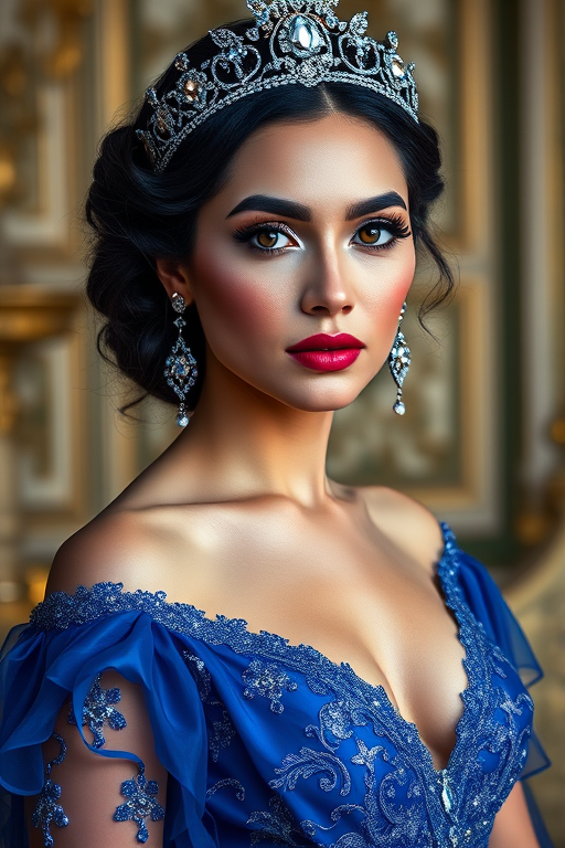 A gorgeous Mestizo woman in a luxurious blue gown, accessorized with a dazzling tiara and statement earrings, her deep blue eyes highlighted by impeccable makeup, poised in a royal setting, photorealistic, 8K quality
