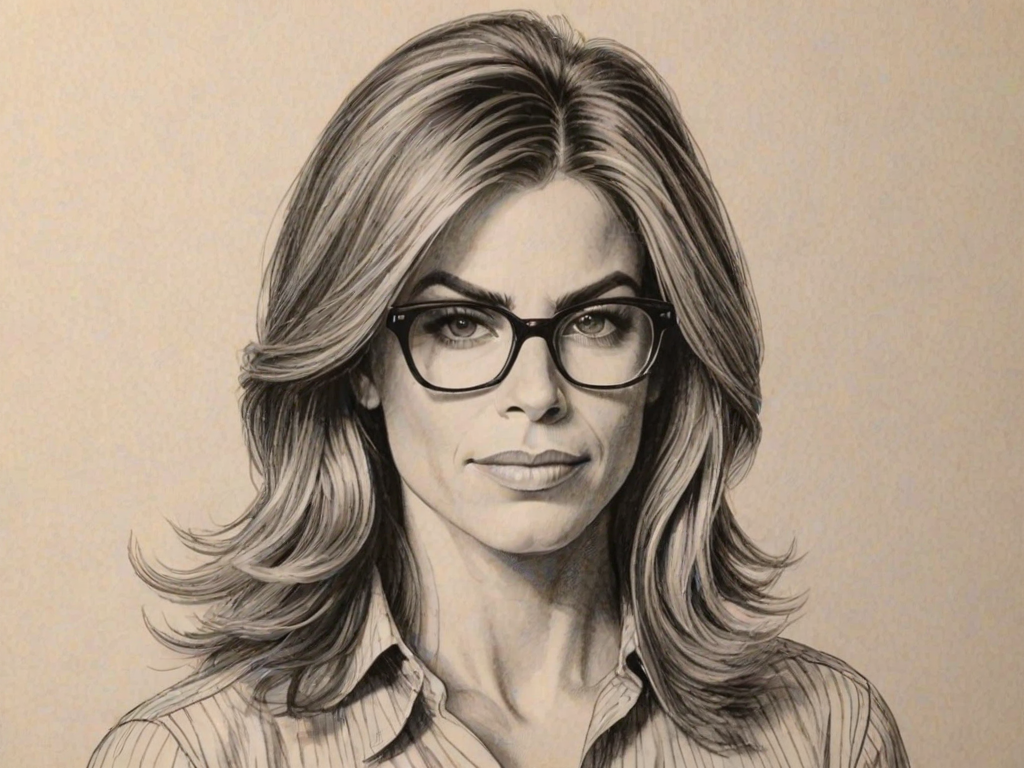 Fetching Jillian Michaels, pencil sketch, portrait of Magnificent woman 1965s in glasses, hair style beatnik, outline, clear lines, fine lines, 8k