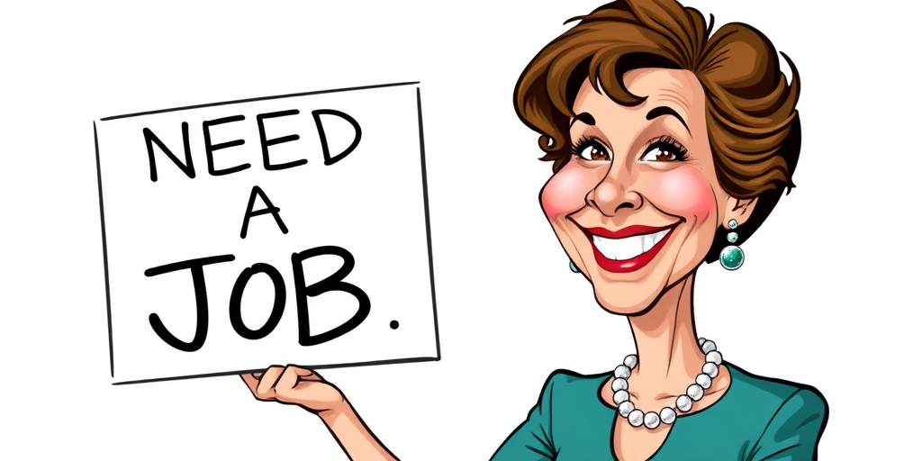 caricature of a smiling Annette Bening in a Teal dress or suit, holding up a sign that says "NEED A JOB", no watermark,
