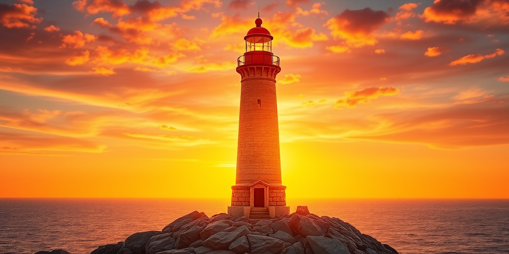 Generate an image of a tall lighthouse perched on a rocky outcrop surrounded by calm ocean waters during a breathtaking sunset. The lighthouse stands sturdy and weathered, its stone surface illuminated by the warm golden light of the setting sun. The sun's rays pass directly through the glass lantern room at the top of the lighthouse, casting a brilliant light across the scene. The sky is painted with vibrant shades of orange, pink, and purple, reflecting off the tranquil sea. The surrounding water shimmers with the same warm hues, creating a serene and majestic atmosphere.