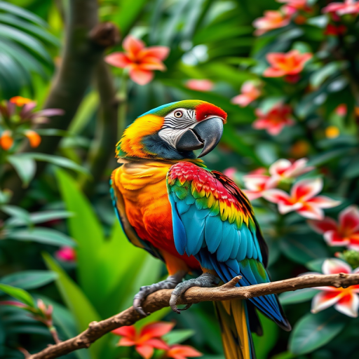 vibrant macaw parrot perched on a branch in a lush tropical rainforest with vivid foliage and colorful flowers, captured with a 50mm lens, f/2.8 aperture, ISO 200, soft natural lighting for enhanced color saturation and depth of field, shot in high-resolution DSLR format