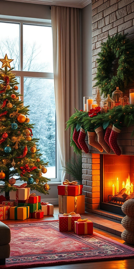 generate a cozy holiday living room scene with a decorated Christmas tree, a glowing fireplace with candles, colorful gift boxes, a large window showing falling snow, using a DSLR camera with an aperture of f/4, ISO 100, 24mm lens, and a bright, vibrant color style.