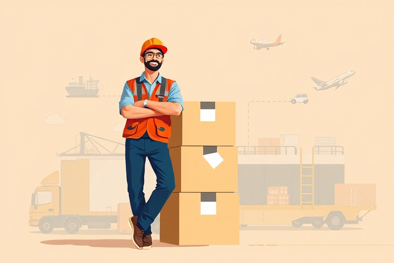Create an illustration of a warehouse worker leaning against three stacked boxes, with graphics depicting transportation modes like a truck, ship, and airplane in the background, using a Canon EOS R5 camera, 50mm lens, f/1.8 aperture, ISO 100, and soft lighting for a clean, modern look.