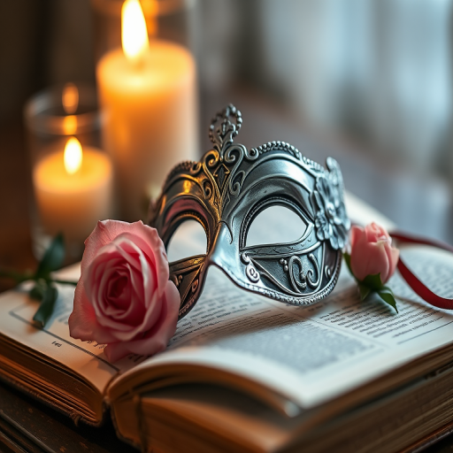 capture a close-up of a silver masquerade mask on an open vintage book with a soft pink rose beside it, warm candlelight creating a cozy ambiance, aperture f/2.8, shutter speed 1/60s, ISO 200, macro lens, shallow depth of field, natural light enhancement, soft focus background