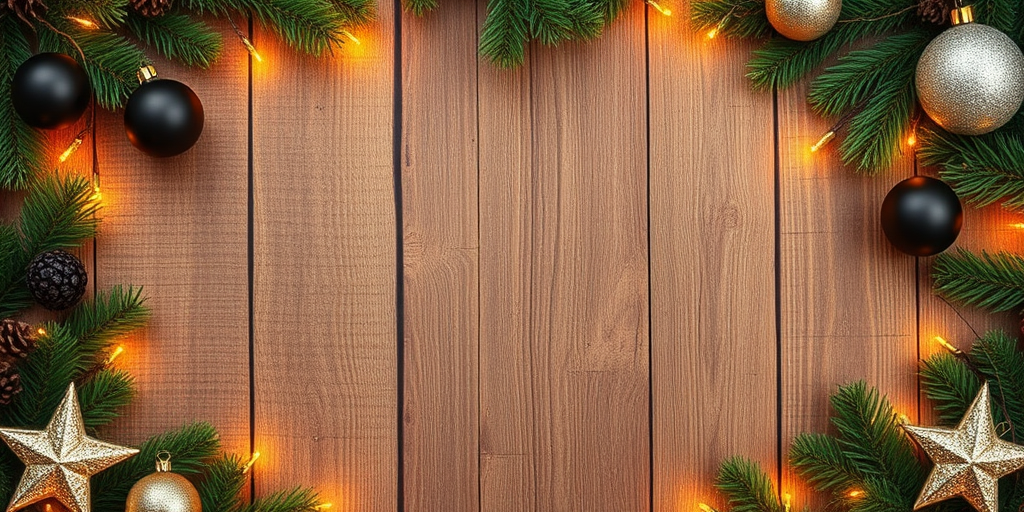 Create an image featuring a rustic wooden background framed with festive decorations. Include dark and shiny ornaments, golden lights, and star-shaped accents. Ensure the arrangement is symmetrical and creates a warm, holiday atmosphere with a focus on the center space.