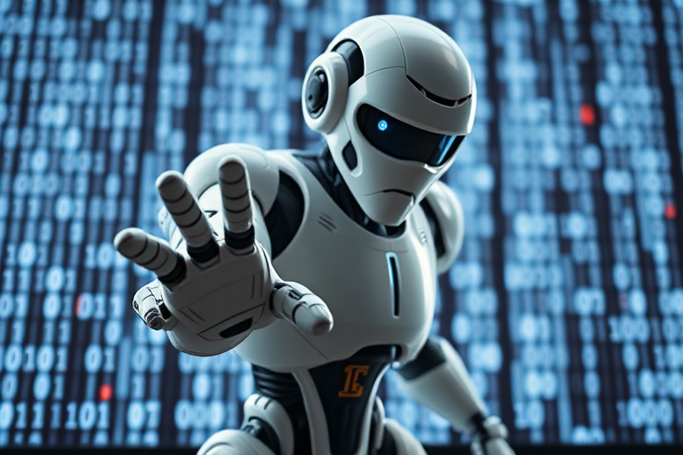 A futuristic humanoid robot reaching forward against a digital binary background, 50mm lens, f/1.8 aperture, ISO 100, 1/200 sec shutter speed, captured in high dynamic range with a digital single-lens reflex (DSLR) camera.