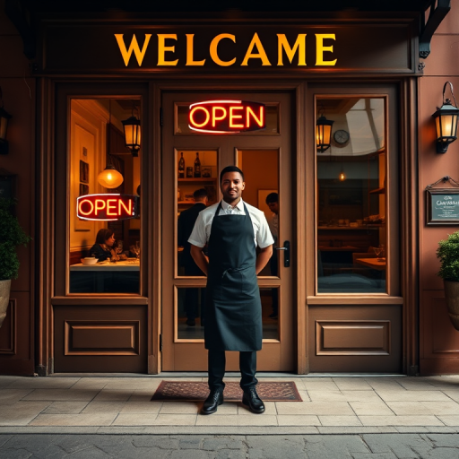 Regenerate an image of a restaurant facade with a welcoming figure in a black apron, standing in front of double glass doors with an "OPEN" sign, warm color tones, shot with a DSLR camera, aperture f/2.8, ISO 100, 35mm lens, natural light, slightly tilted angle for depth.
