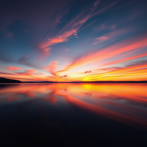Create a high-resolution image of a serene sunset over a calm lake with vivid colors reflecting on the water, taken with a DSLR camera at 50mm, f/2.8, ISO 100, with a wide-angle view and natural lighting.