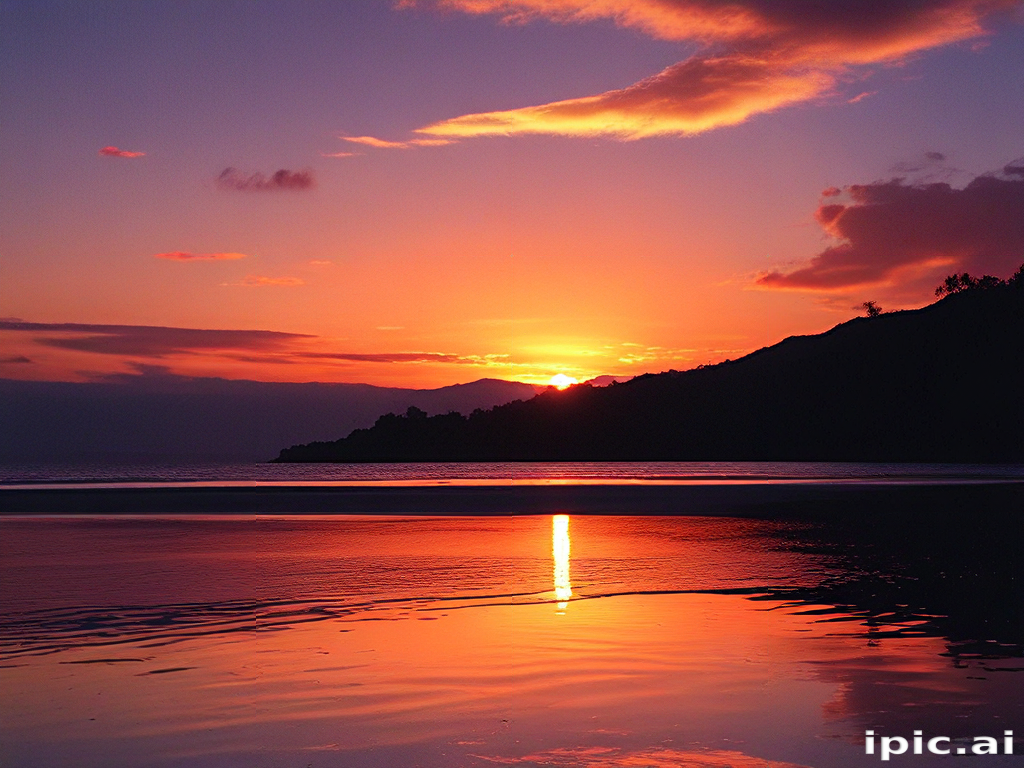 Stunning Sunset Over a Calm Beach with Vibrant Colors Reflecting