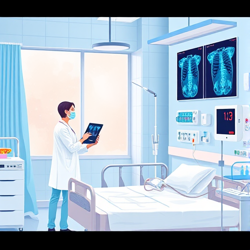 Create a vibrant illustration of a modern hospital scene with two healthcare professionals examining X-ray images, a patient in a hospital bed with an IV drip, and medical equipment around, captured with a Canon EOS R5, 24mm lens, f/2.8 aperture, ISO 100, natural lighting, and a slightly elevated angle for depth.