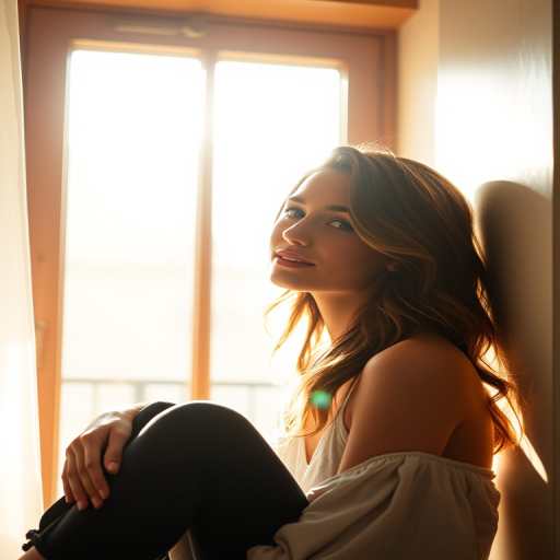 portrait of a woman sitting gracefully in a sunlit window with soft natural light, 50mm lens, f/1.8, ISO 100, shallow depth of field, soft focus, DSLR camera