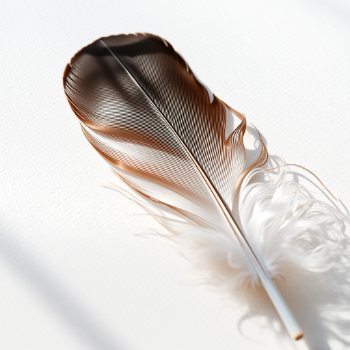 Create a high-resolution image of a delicate feather lying on a soft surface with natural lighting, using a Canon EOS R5, 50mm lens, f/2.8 aperture, ISO 100, and a shallow depth of field to enhance details and texture.