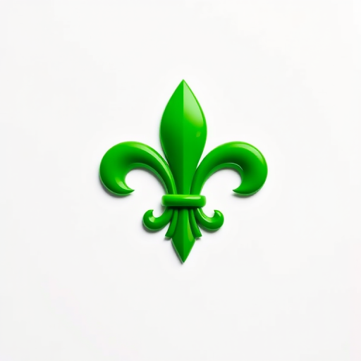 Generate an image of a vibrant green fleur-de-lis on a white background, using a DSLR camera with a 50mm lens, aperture set to f/2.8, ISO 100, and a depth of field effect for enhanced focus on the emblem.