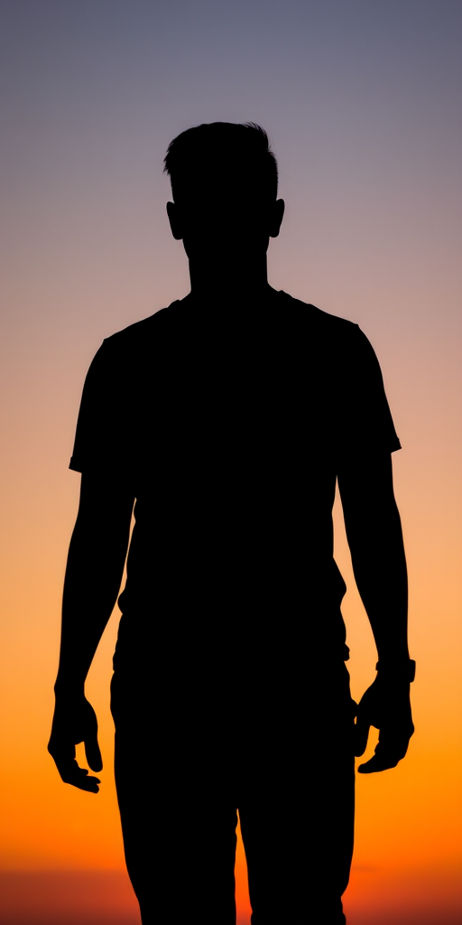 Generate a high-resolution silhouette of a standing figure against a gradient sunset background, using a DSLR camera with a 50mm lens, aperture f/1.8, ISO 100, and a wide-angle view.