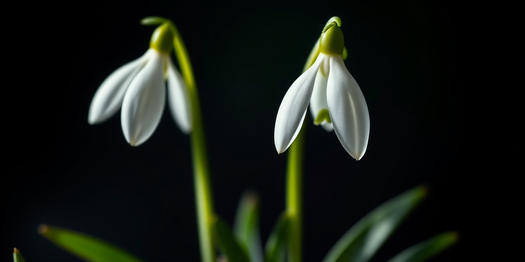 photograph two snowdrop flowers illuminated against a dark background, macro view, f/2.8 aperture, 50mm lens, ISO 100, natural lighting, shallow depth of field, DSLR camera