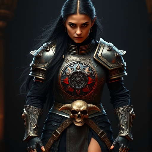 Create a photo of a fierce Middle Eastern female warrior with long black hair, wearing an ornate, metallic armor. The armor includes a breastplate with intricate designs, shoulder guards, and gauntlets. The breastplate is decorated with a central emblem, possibly representing a mythical symbol, and has a sculpted, form-fitting design. She wears a belt with a large skull ornament at the center, and her armor extends into a partial skirt, revealing one leg. The overall look is both protective and stylish, with a dark, gothic aesthetic. The background is dimly lit, suggesting a medieval or fantasy setting, enhancing the warrior's imposing presence and intense expression.