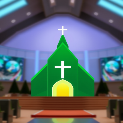 Design a modern green church icon with a cross at the center, using a clean vector style, with a resolution of 4000x4000 pixels, photographed using a DSLR with a 50mm lens, aperture set to f/2.8, and a soft focus background for depth.