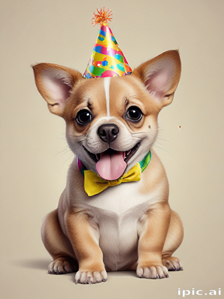 Adorable Puppy Celebrating with a Colorful Party Hat and Bowtie
