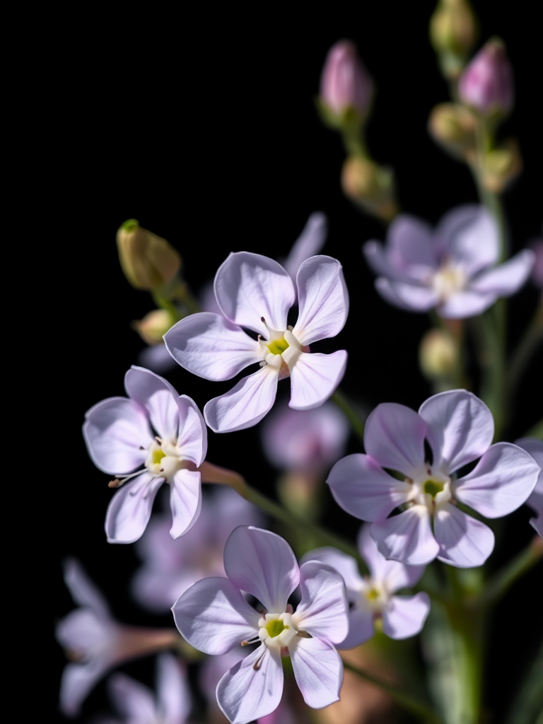 A high-resolution close-up photograph of pale purple flowers against a black background, using a Canon EOS 5D Mark IV with a 100mm f/2.8 macro lens, aperture set to f/4 for soft background blur, ISO 200 for clear detail, and natural sunlight as the light source.