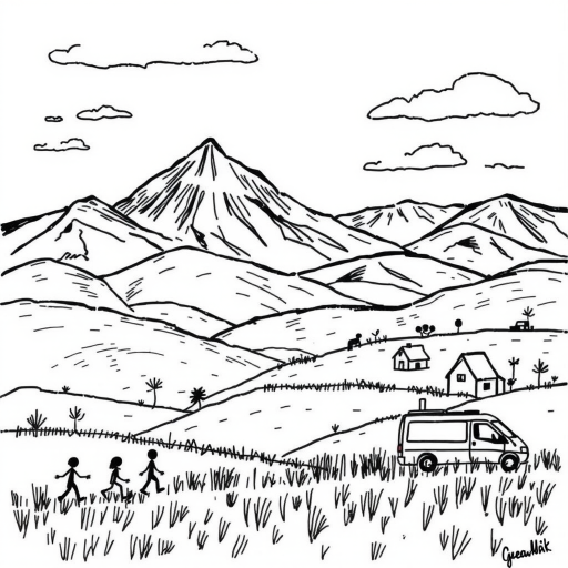 A whimsical black and white drawing of a landscape with mountains, rolling hills, stick figure people walking, two houses, and a van under a cloudy sky, captured with a DSLR camera using a 50mm lens at f/2.8, ISO 100, in a natural daylight setting to enhance contrast and detail.