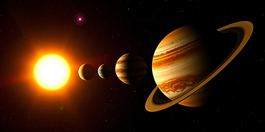 Create a high-resolution image of the solar system with a bright, realistic sun and vibrant planets in a black starry background, shot with a DSLR camera at f/8 aperture, ISO 100, 24mm lens, full frame view, utilizing a wide-angle perspective for depth and clarity.