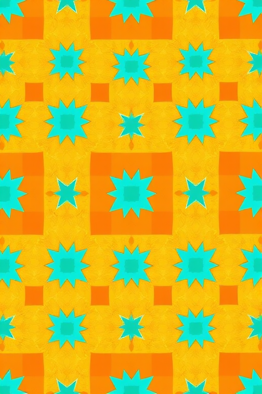 Create a high-resolution digital artwork of a repeating geometric pattern featuring orange squares and turquoise stars on a golden background, shot with a DSLR camera at f/8 aperture, ISO 100, 50mm lens, top-down view for symmetry and clarity.