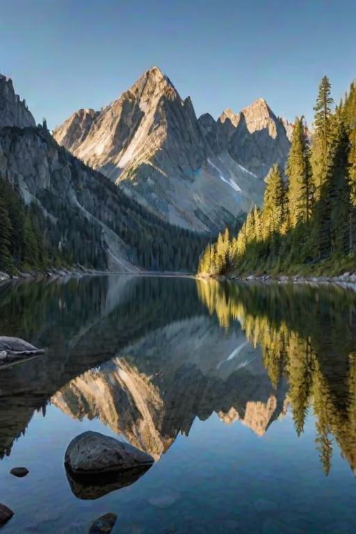 Serene mountain landscape, with a tranquil lake reflecting the surrounding pine trees and jagged peaks, a lone hiker sitting on a rock at the water's edge, soaking in the beauty of nature under a clear blue sky.