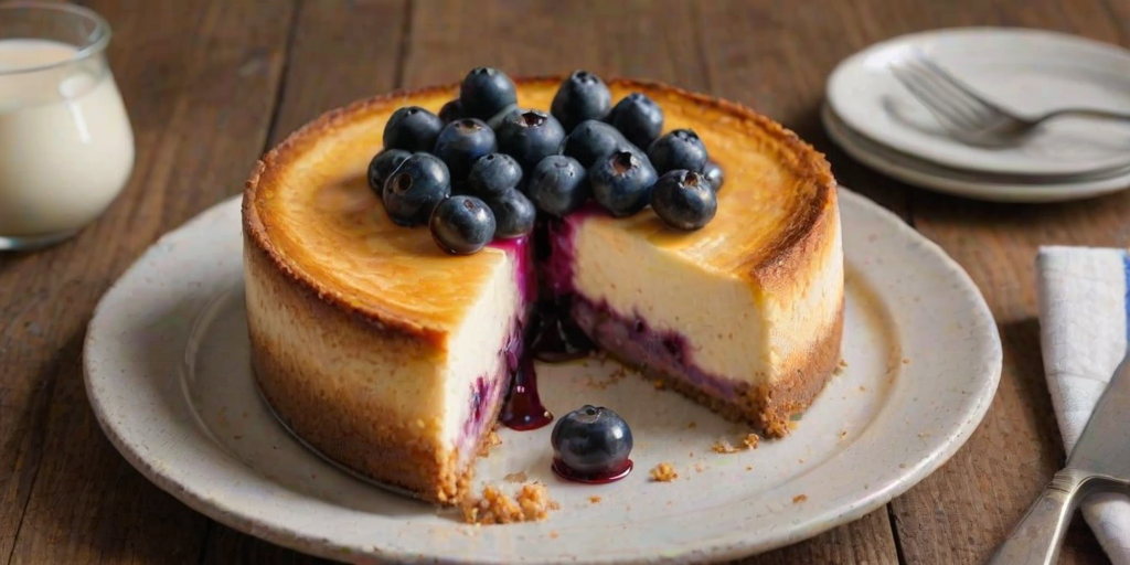 Generate an image of a round cheesecake with a slightly burnt top, showing a slice removed to reveal its creamy interior. The cheesecake is placed on a rustic wooden table with a simple backdrop, and a fork rests beside it. Include hints of blueberries mixed into the cheesecake for added color and texture.
