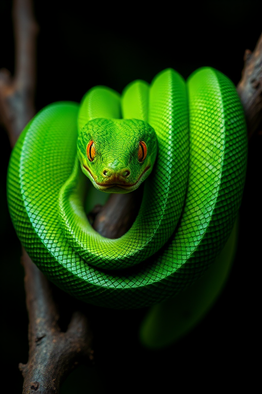 Create a close-up, detailed image of a vibrant green snake coiled on a branch, showcasing its scales and texture with a dark, blurred background.