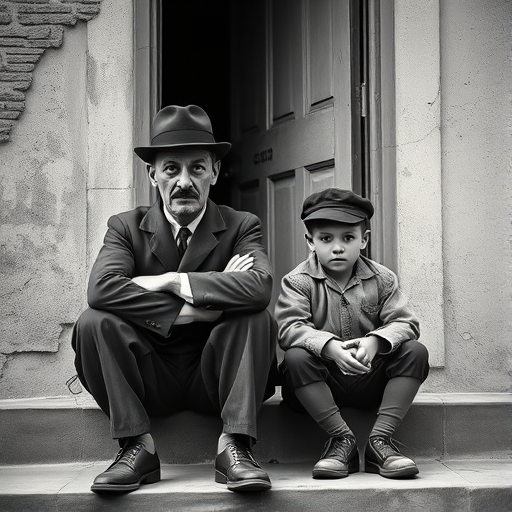 A black-and-white photograph of a man and a child sitting on steps in front of a doorway. The man is dressed as a tramp with a bowler hat, mustache, and ragged clothes, reminiscent of Charlie Chaplin's iconic look. He is sitting with his arms crossed and an expression of slight sadness or frustration. Next to him is a young boy, also in worn clothes and a cap, sitting with his hands clasped, looking thoughtful. The background is an old, textured wall and a partially open door, creating a vintage, early 20th-century atmosphere.