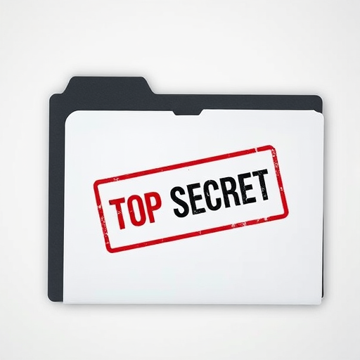 Create a high-resolution image of a top secret file folder with a stamped "TOP SECRET" label, shot with a Canon EOS R5, 50mm f/1.2 lens, f/2.8 aperture, ISO 100, with a clean and minimalistic background to enhance clarity and depth.
