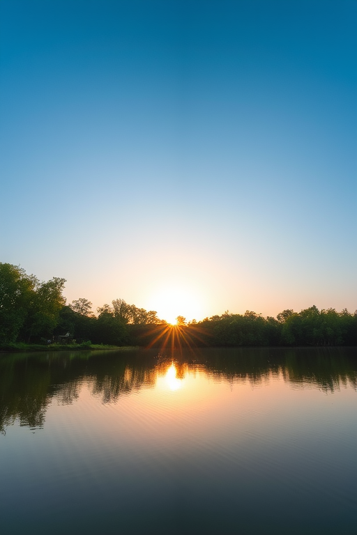 Create an image of a serene landscape featuring a calm lake surrounded by lush green trees under a clear blue sky, with the sun setting in the background, taken with a DSLR camera at 24mm focal length, f/8 aperture, ISO 100, and a low angle view to capture reflections in the water.