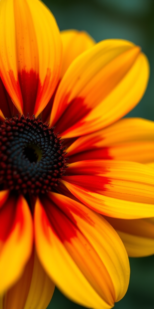 close-up of a vibrant yellow and red flower with a dark center, shallow depth of field, 50mm lens, f/2.8 aperture, 1/200s shutter speed, natural light, Canon DSLR, macro photography style