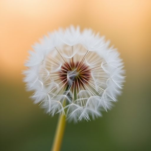 close-up shot of a dandelion seed head, soft focus background, aperture f/2.8, ISO 100, shutter speed 1/200s, macro lens, natural diffused lighting, high resolution