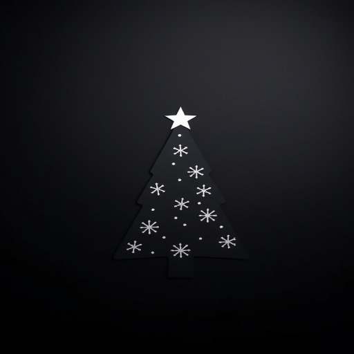 Create a minimalist black background image of a cut-out Christmas tree with snowflake details, using a DSLR camera, f/2.8 aperture, 50mm lens, ISO 100, shot in a soft focus style.