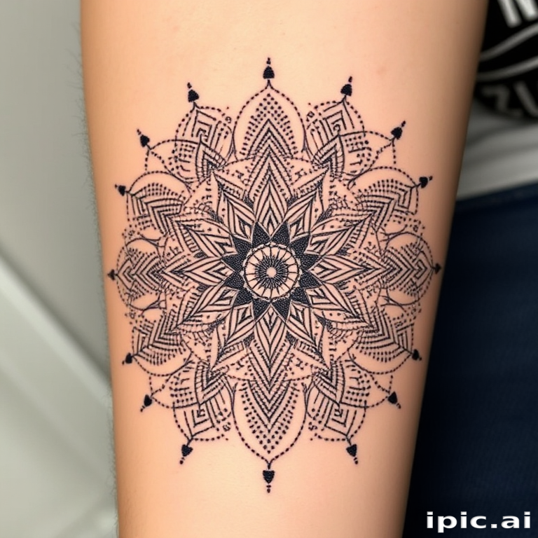 Dotwork mandala tattoo entitled "Cosmic Harmony" featuring an intricate geometric pattern composed entirely of tiny dots, gradually increasing in density to create mesmerizing gradients and intricate details, symbolizing the interconnectedness of the universe and the beauty of sacred geometry, perfect for those seeking a meditative and spiritually meaningful tattoo.