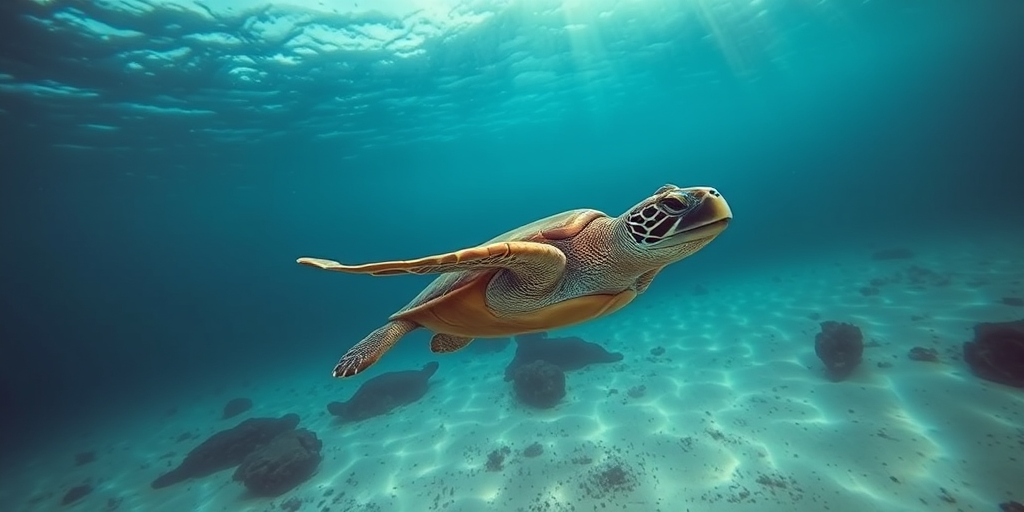 underwater scene of a sea turtle swimming gracefully above a sandy ocean floor, captured with a Nikon D850, 24mm lens, f/8, ISO 200, 1/200s, wide-angle view, high saturation, crystal-clear focus