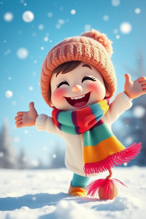 Create a joyful cartoon character playing in the snow, wearing a colorful striped scarf and a cozy winter hat, with snowflakes falling and a bright blue sky in the background, shot with a Canon EOS R5 at f/4, 50mm lens, high saturation, vibrant colors, and soft focus for a whimsical effect.